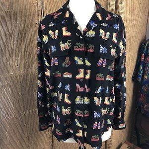 vintage Ann May blouse silk small shoe footwear print Long Sleeve